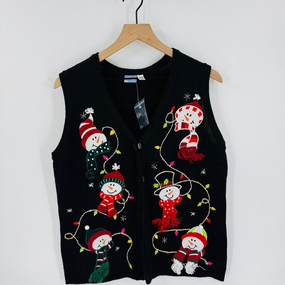 Vintage Holiday Editions Snowman Knit Vest Black Christmas Lights Size L Large